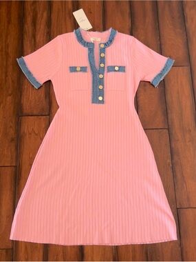NWT Moocci Paris Pink Knit Short Sleeve Dress Denim Frayed Trim French One Size